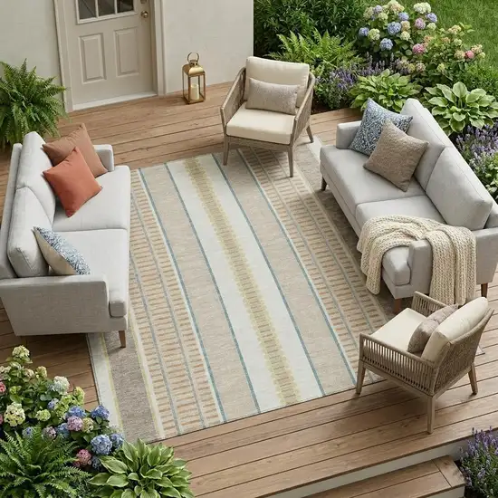 Ivory And Fern Green Striped Washable Indoor Outdoor Area Rug Photo 1