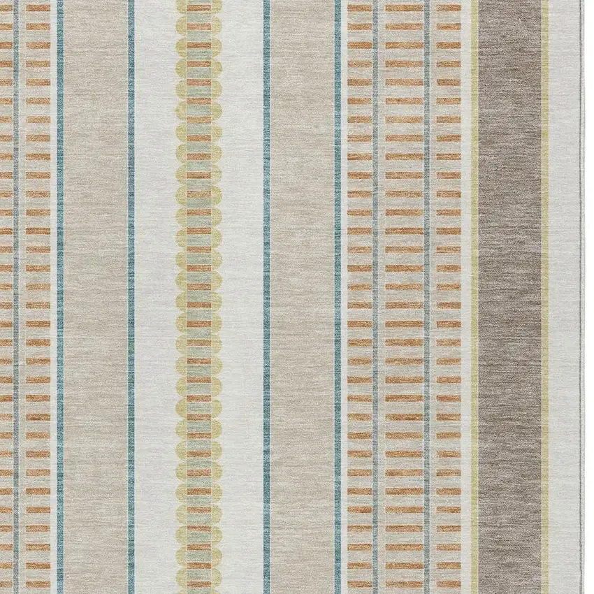 Ivory And Fern Green Striped Washable Indoor Outdoor Area Rug Photo 5