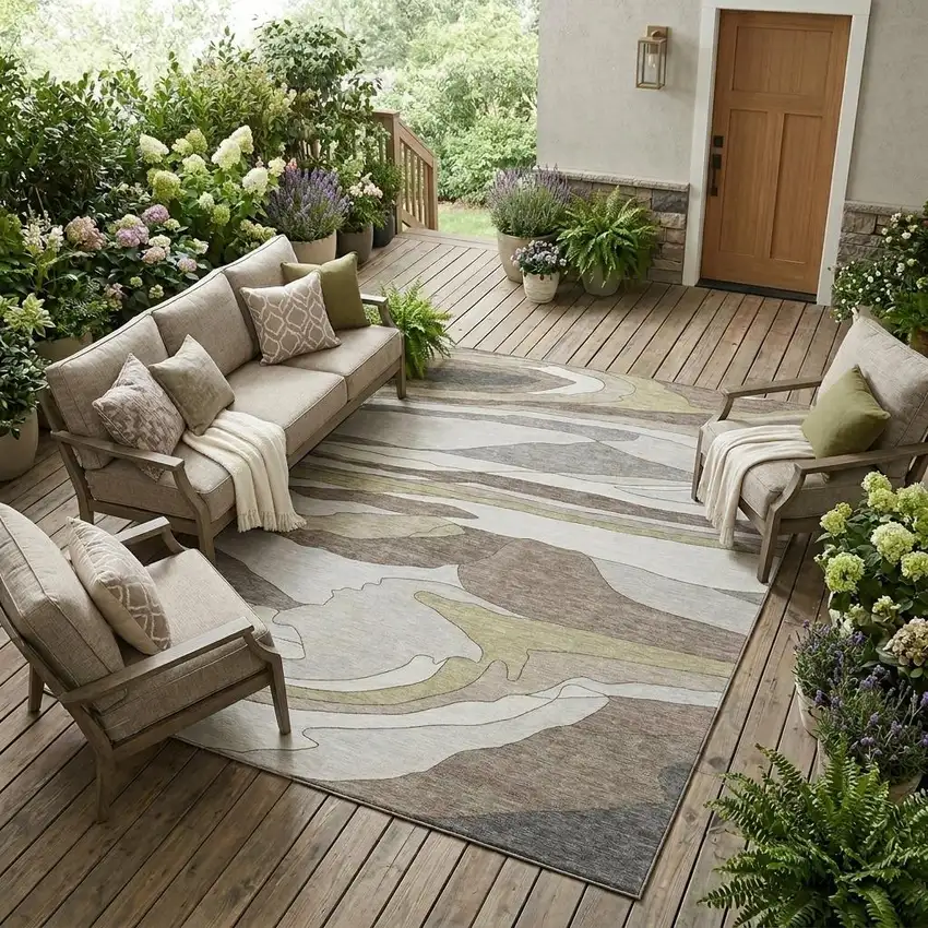 Ivory And Flax Abstract Washable Indoor Outdoor Area Rug Photo 1