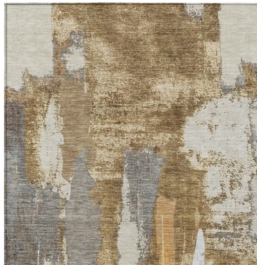 Ivory And Gold Abstract Washable Indoor Outdoor Area Rug Photo 1