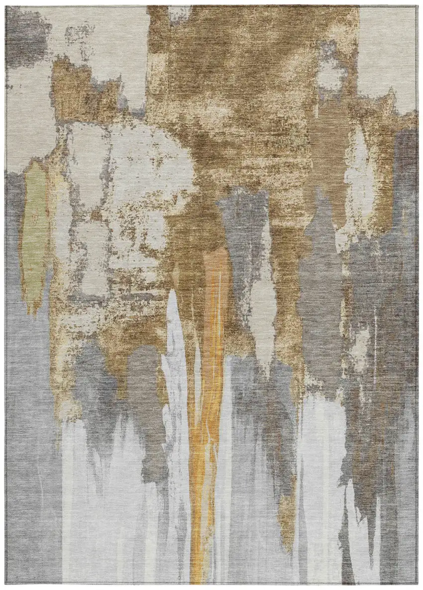 Ivory And Gold Abstract Washable Indoor Outdoor Area Rug Photo 9