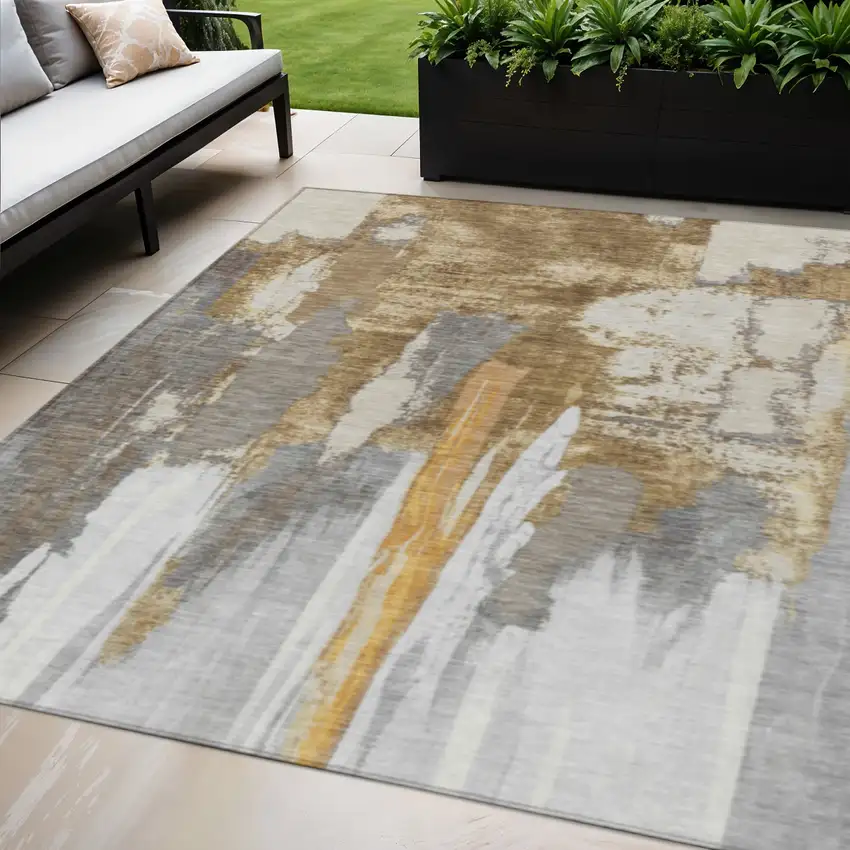 Ivory And Gold Abstract Washable Indoor Outdoor Area Rug Photo 2