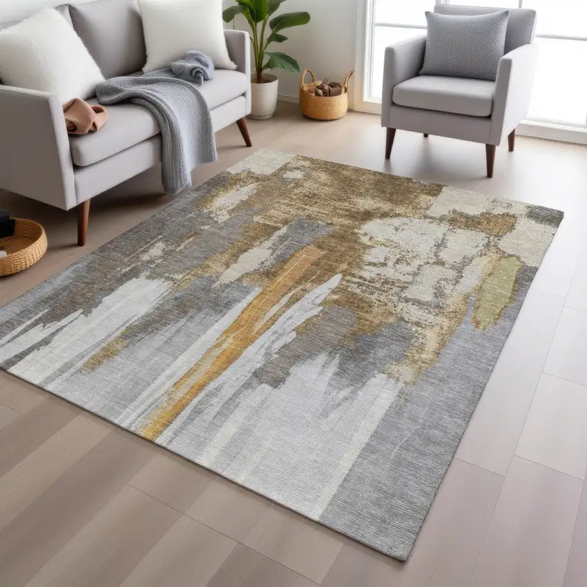 Ivory And Gold Abstract Washable Indoor Outdoor Area Rug Photo 4