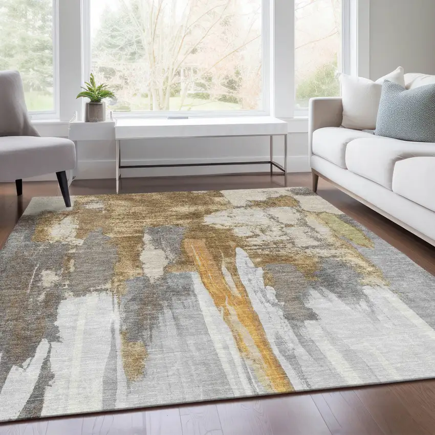 Ivory And Gold Abstract Washable Indoor Outdoor Area Rug Photo 6
