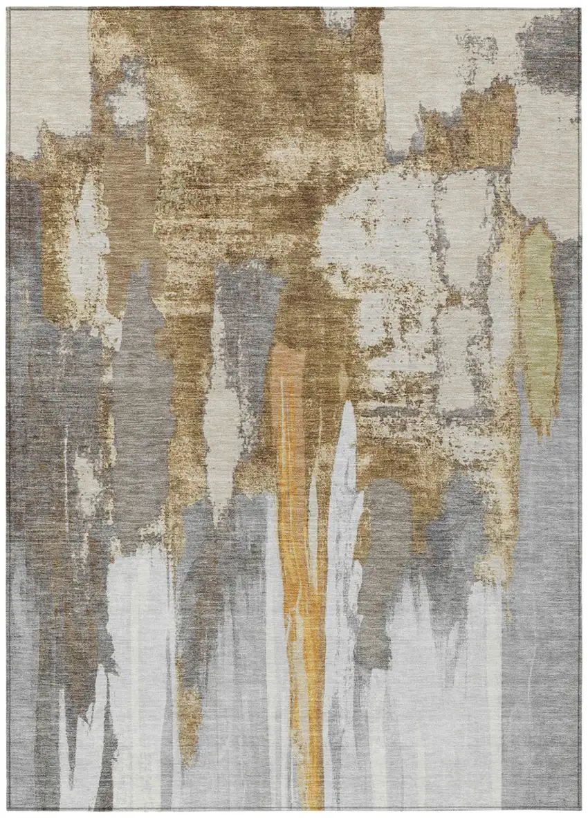 Ivory And Gold Abstract Washable Indoor Outdoor Area Rug Photo 4