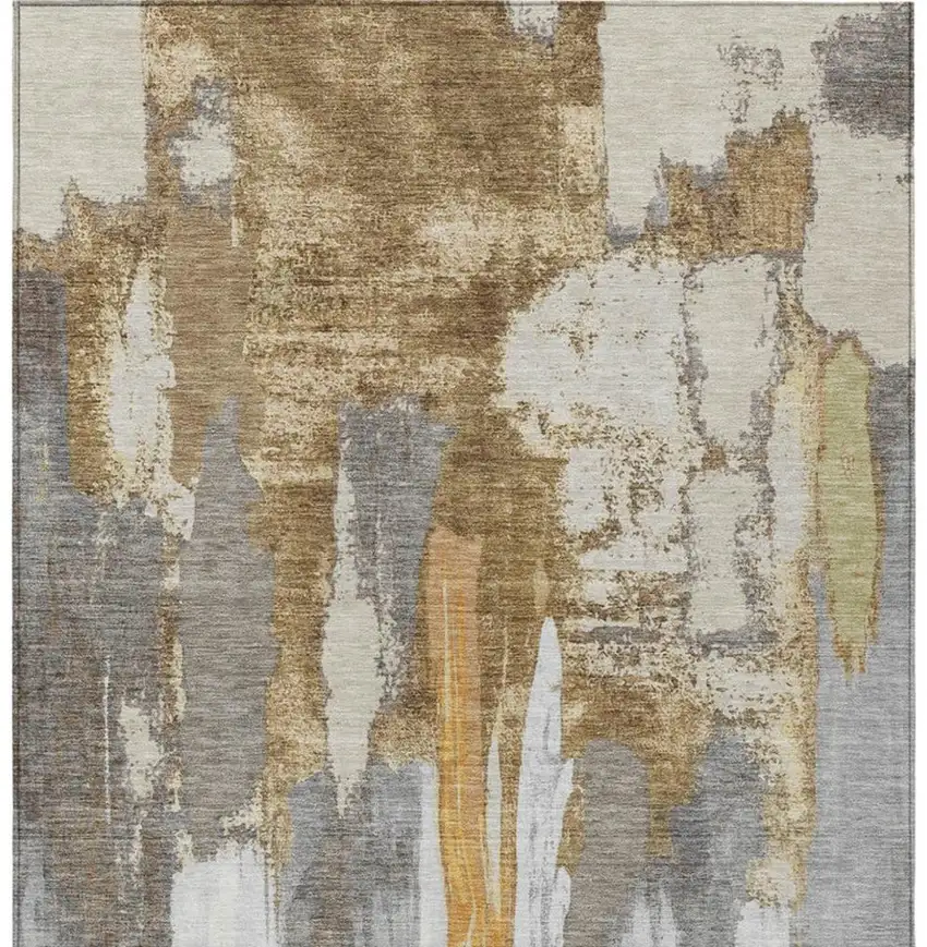 Ivory And Gold Abstract Washable Indoor Outdoor Area Rug Photo 2