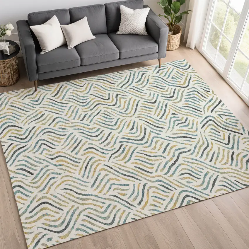 Ivory And Gold Abstract Washable Indoor Outdoor Area Rug Photo 6