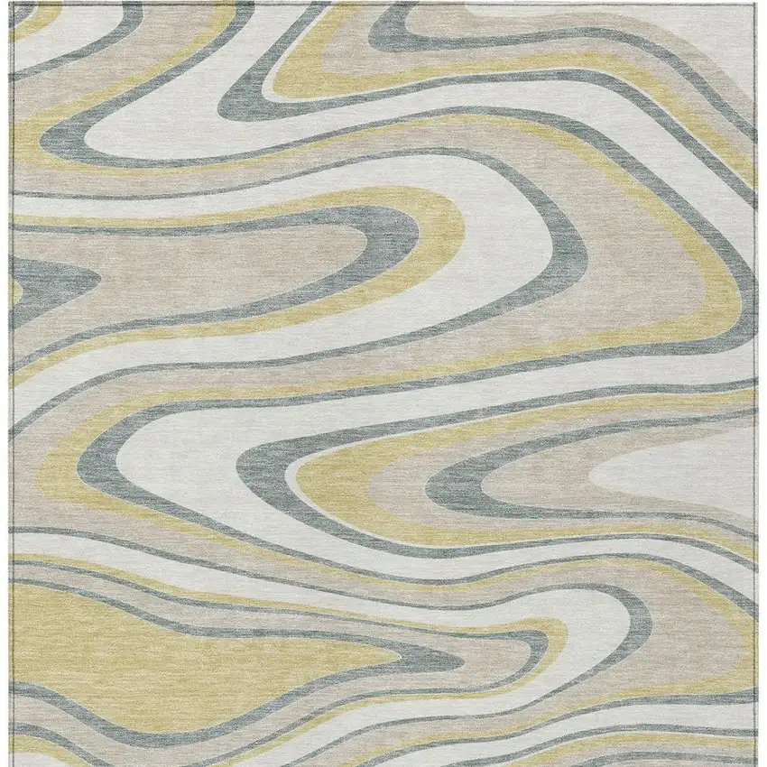 Ivory And Gold Abstract Washable Indoor Outdoor Area Rug Photo 4