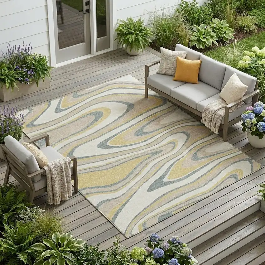 Ivory And Gold Abstract Washable Indoor Outdoor Area Rug Photo 1
