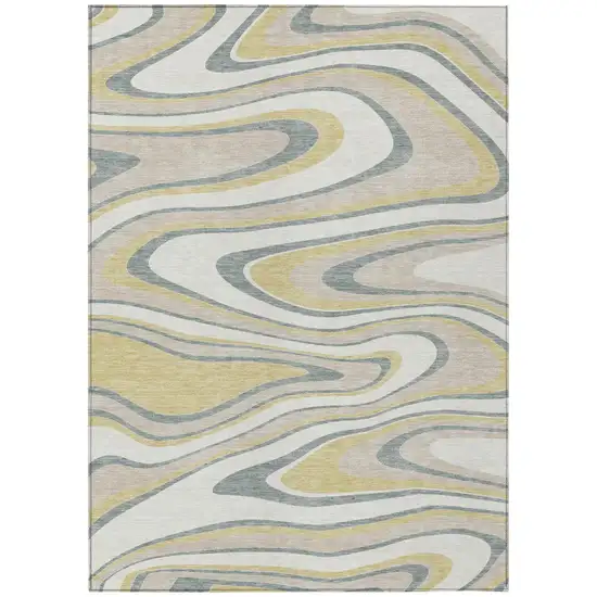 Ivory And Gold Abstract Washable Indoor Outdoor Area Rug Photo 2