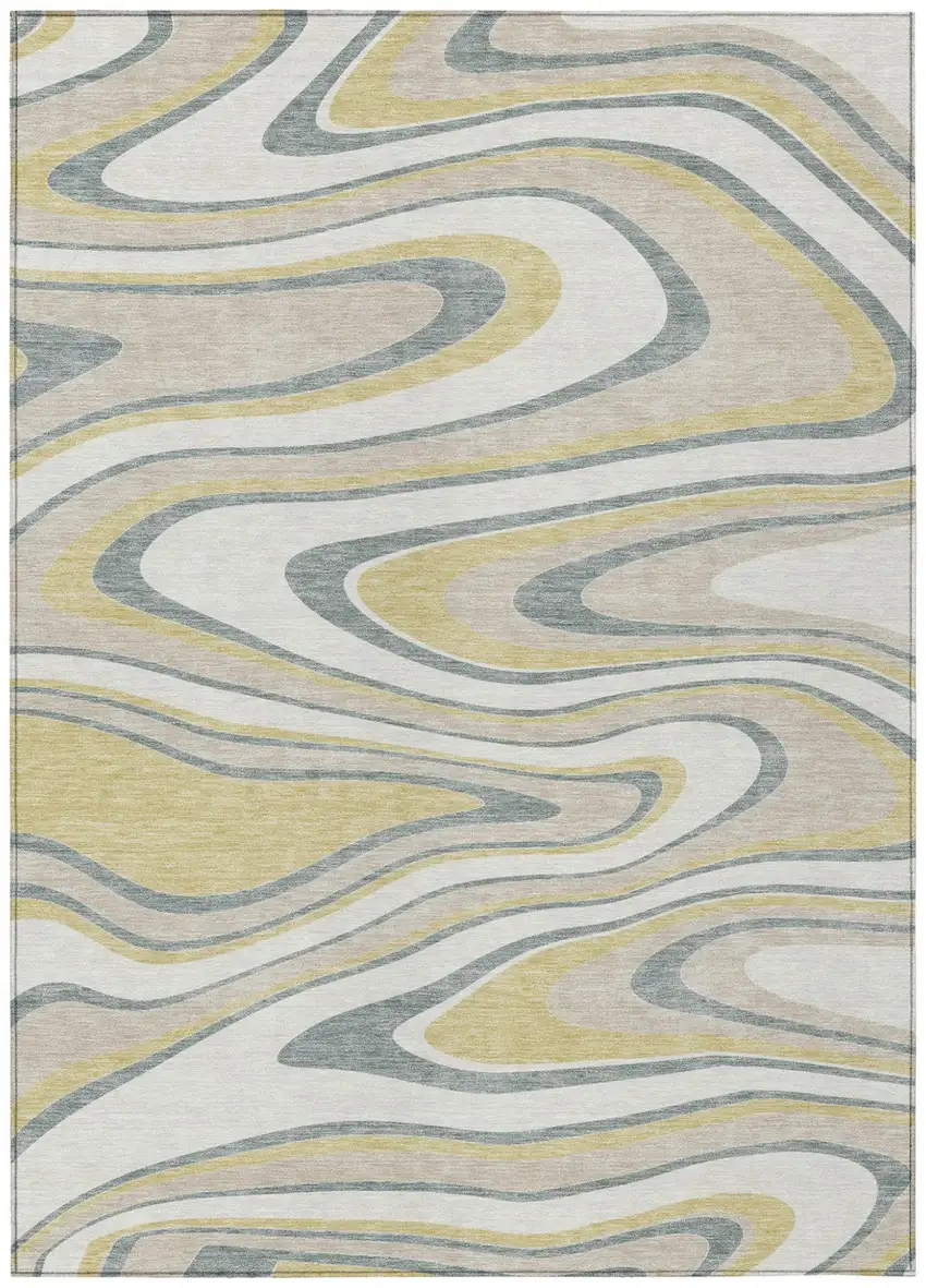 Ivory And Gold Abstract Washable Indoor Outdoor Area Rug Photo 2