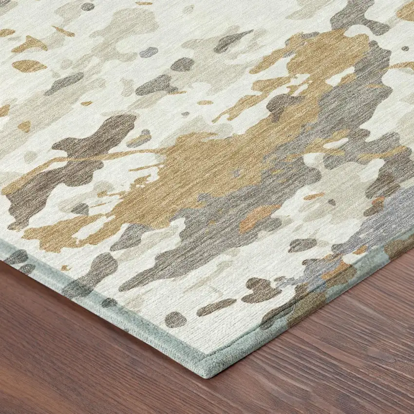 Ivory And Gold Abstract Washable Indoor Outdoor Area Rug Photo 4
