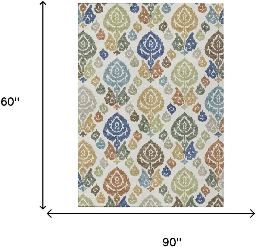 Ivory And Gold Damask Washable Indoor Outdoor Area Rug Photo 6