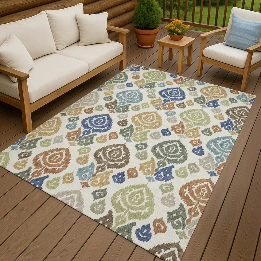 Ivory And Gold Damask Washable Indoor Outdoor Area Rug Photo 4