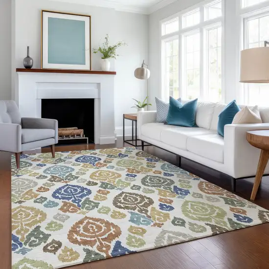 Ivory And Gold Damask Washable Indoor Outdoor Area Rug Photo 6