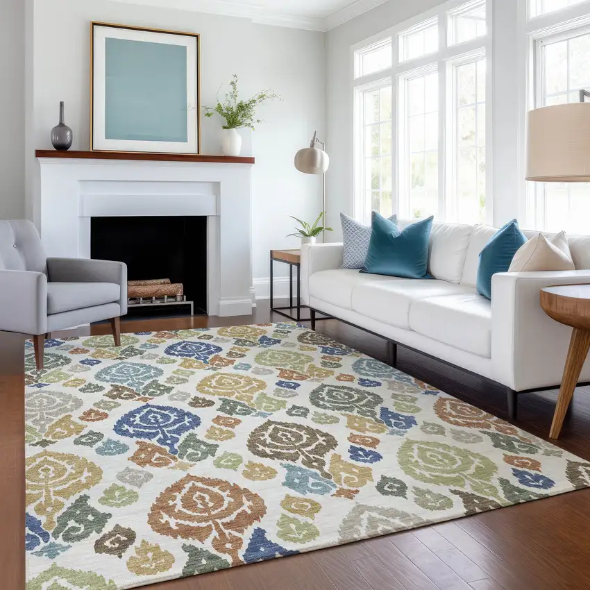 Ivory And Gold Damask Washable Indoor Outdoor Area Rug Photo 6