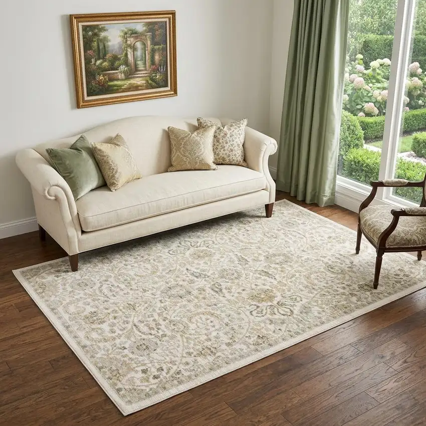 Ivory And Gold Floral Area Rug Photo 1