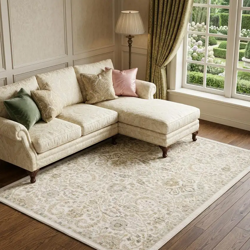 Ivory And Gold Floral Area Rug Photo 1