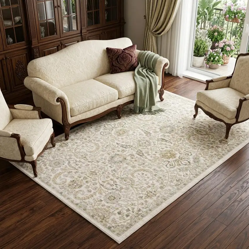 Ivory And Gold Floral Area Rug Photo 1