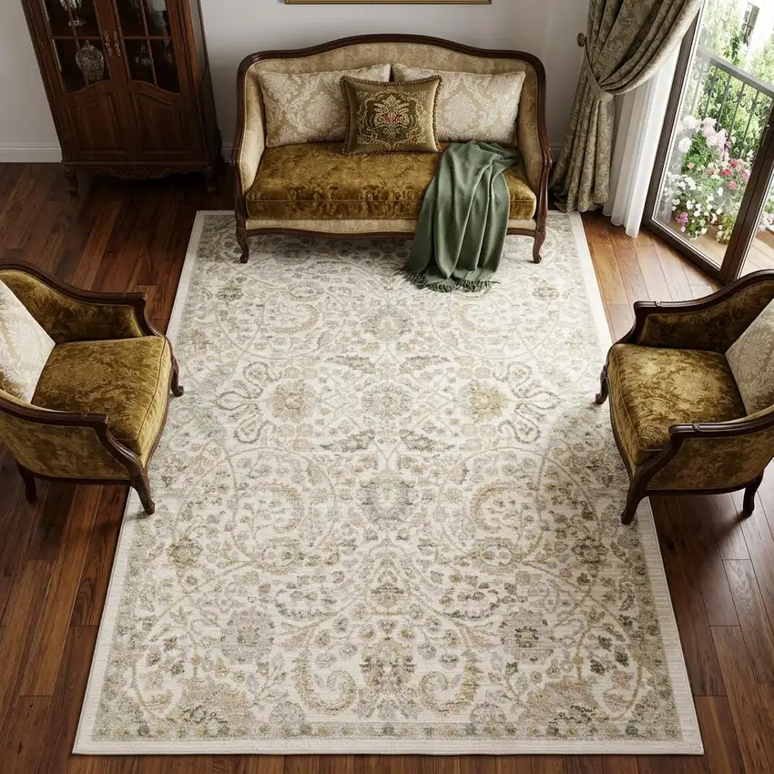 Ivory And Gold Floral Area Rug Photo 1