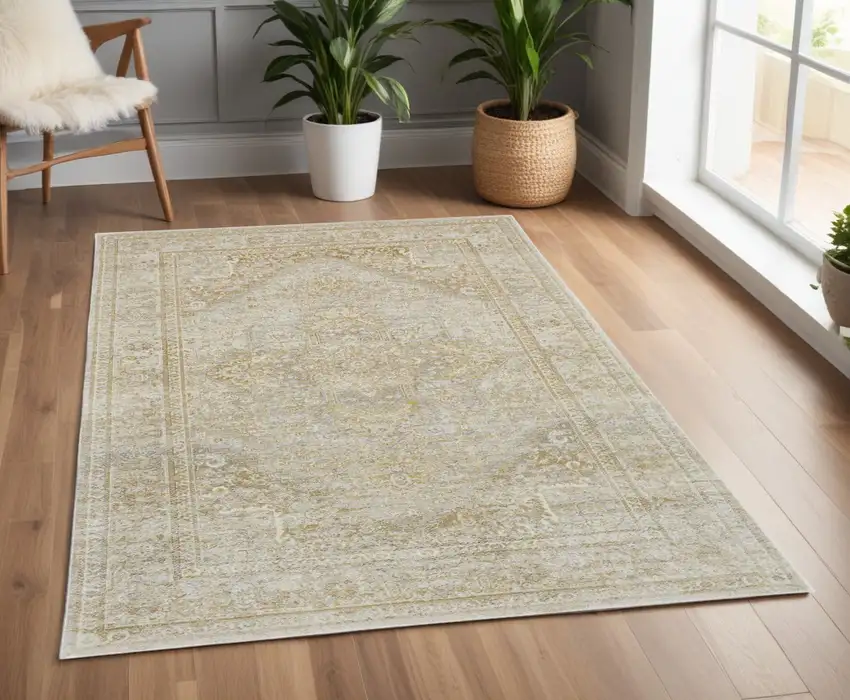 Gold and Ivory Floral Non Skid Area Rug Photo 2