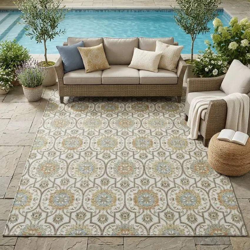 Ivory And Gold Floral Medallion Washable Indoor Outdoor Area Rug Photo 1