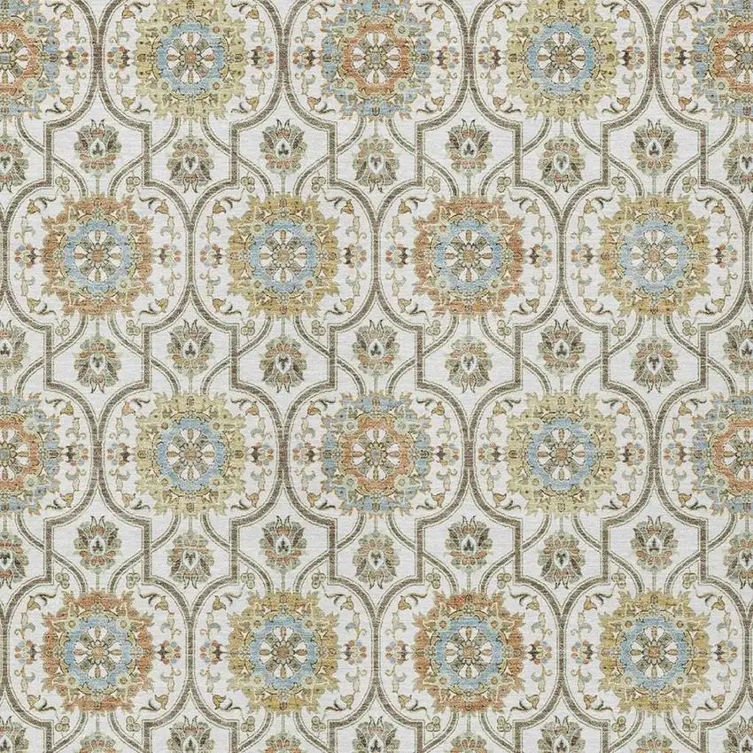 Ivory And Gold Floral Medallion Washable Indoor Outdoor Area Rug Photo 5