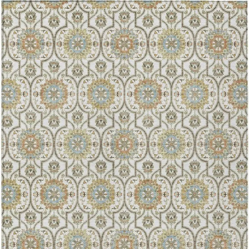 Ivory And Gold Floral Medallion Washable Indoor Outdoor Area Rug Photo 6