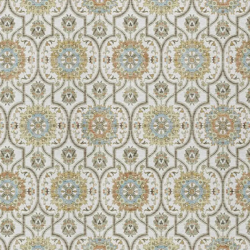 Ivory And Gold Floral Medallion Washable Indoor Outdoor Area Rug Photo 5