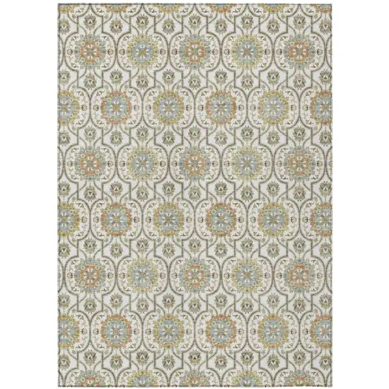 Ivory And Gold Floral Medallion Washable Indoor Outdoor Area Rug Photo 2