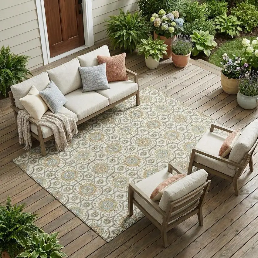 Ivory And Gold Floral Medallion Washable Indoor Outdoor Area Rug Photo 1