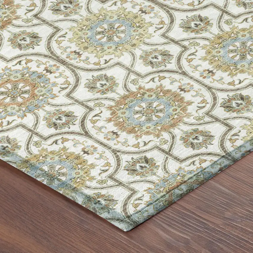 Ivory And Gold Floral Medallion Washable Indoor Outdoor Area Rug Photo 6