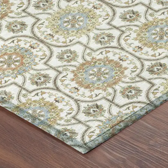 Ivory And Gold Floral Medallion Washable Indoor Outdoor Area Rug Photo 6
