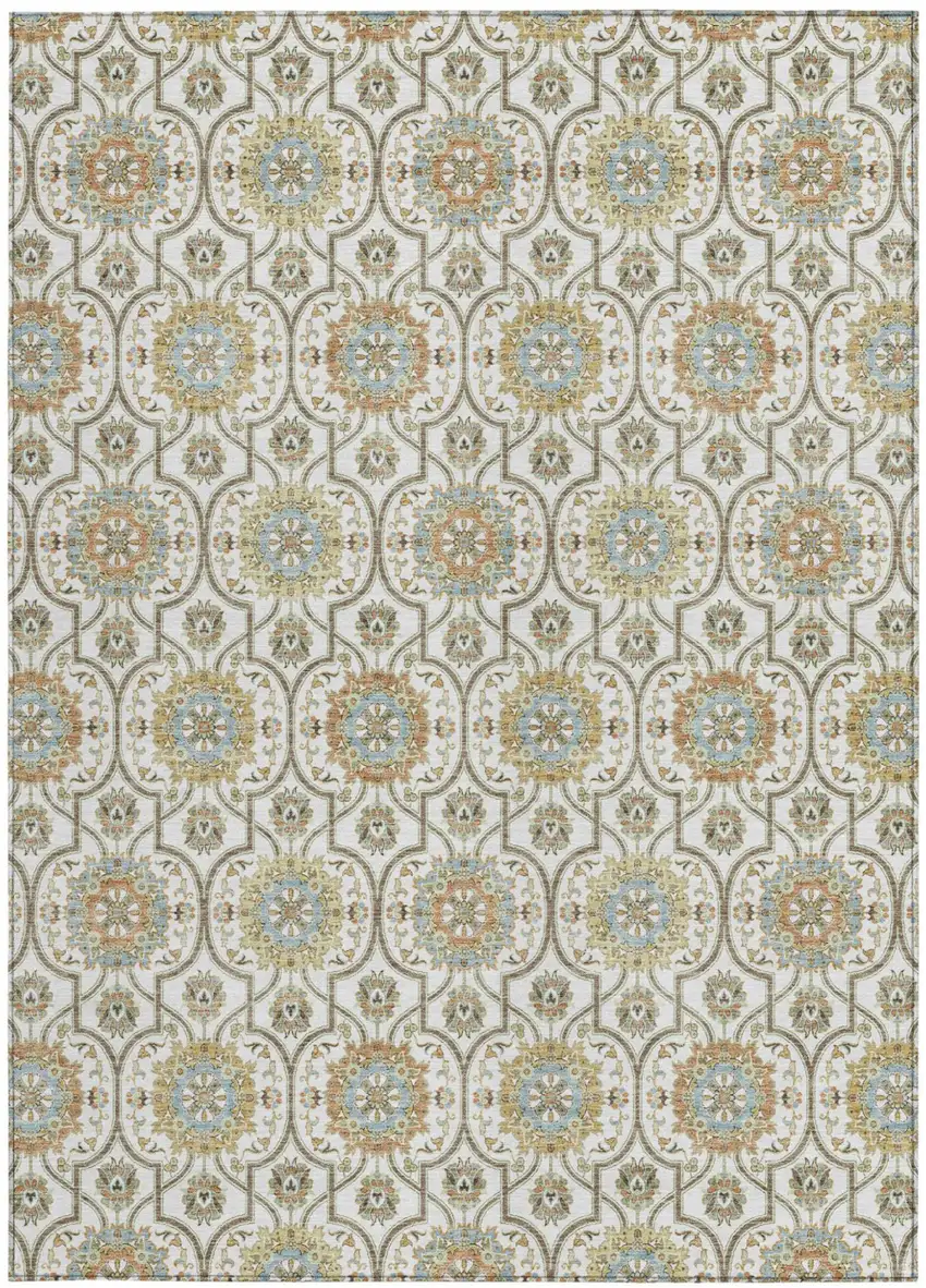 Ivory And Gold Floral Medallion Washable Indoor Outdoor Area Rug Photo 3