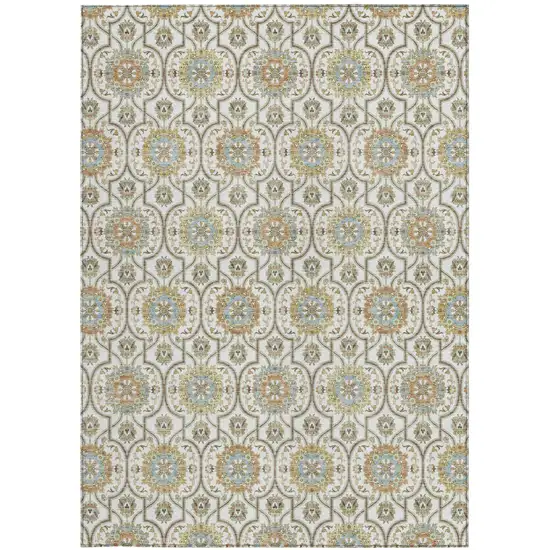 Ivory And Gold Floral Medallion Washable Indoor Outdoor Area Rug Photo 3