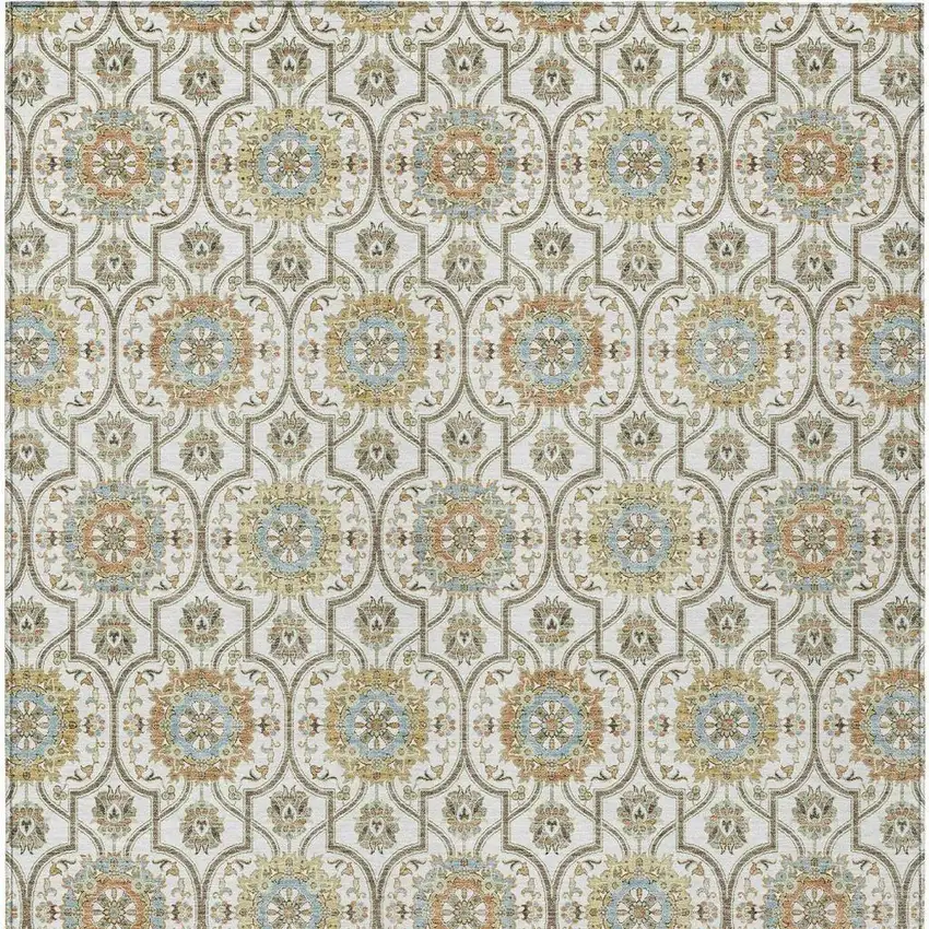 Ivory And Gold Floral Medallion Washable Indoor Outdoor Area Rug Photo 3