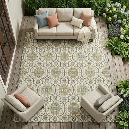 Ivory And Gold Floral Medallion Washable Indoor Outdoor Area Rug Photo 1