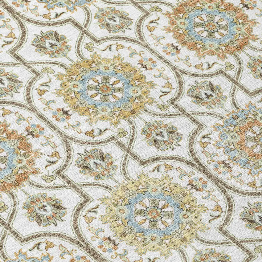 Ivory And Gold Floral Medallion Washable Indoor Outdoor Area Rug Photo 8