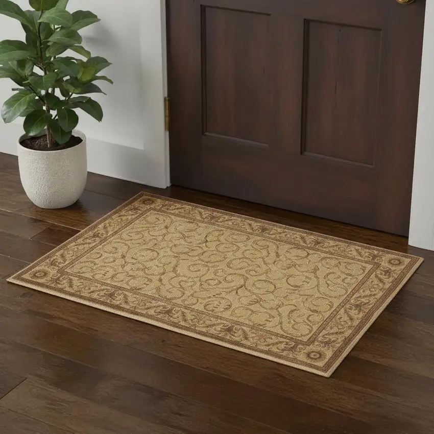 Ivory And Gold Floral Non Skid Area Rug Photo 1