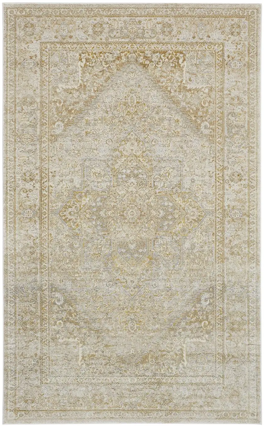 Ivory And Gold Floral Stain Resistant Area Rug Photo 2