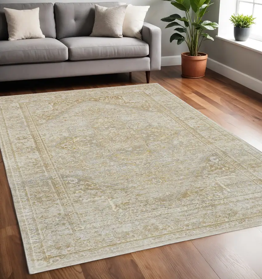 Gold And Ivory Floral Medallion Area Rug Photo 2