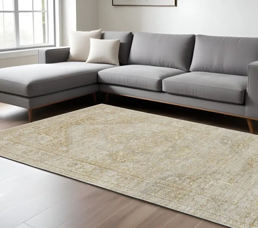 Gold and Ivory Floral Non Skid Area Rug Photo 2