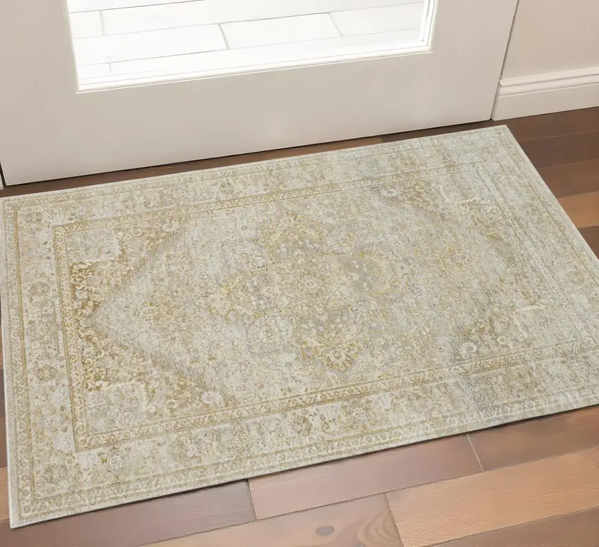Gold And Ivory Floral Medallion Area Rug Photo 1
