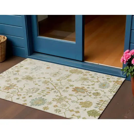 Ivory And Gold Floral Washable Indoor Outdoor Area Rug Photo 2