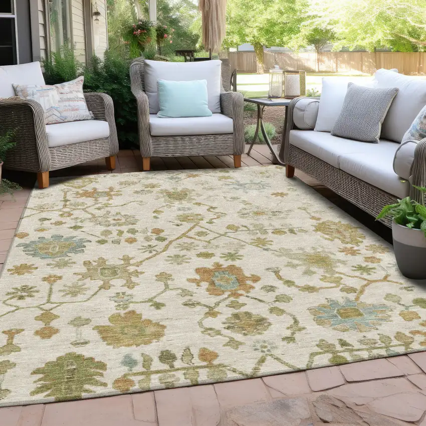 Ivory And Gold Floral Washable Indoor Outdoor Area Rug Photo 5