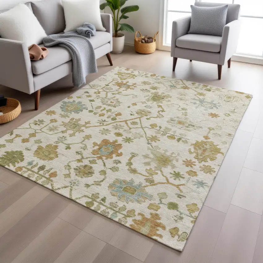 Ivory And Gold Floral Washable Indoor Outdoor Area Rug Photo 6