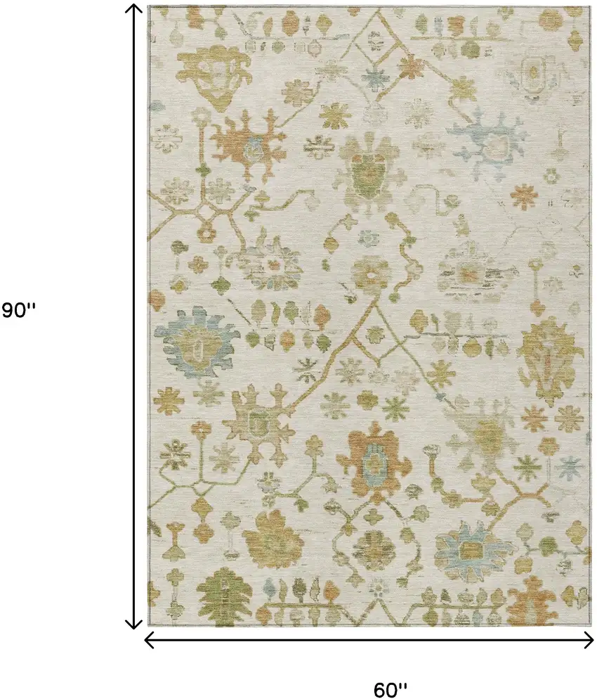 Ivory And Gold Floral Washable Indoor Outdoor Area Rug Photo 9