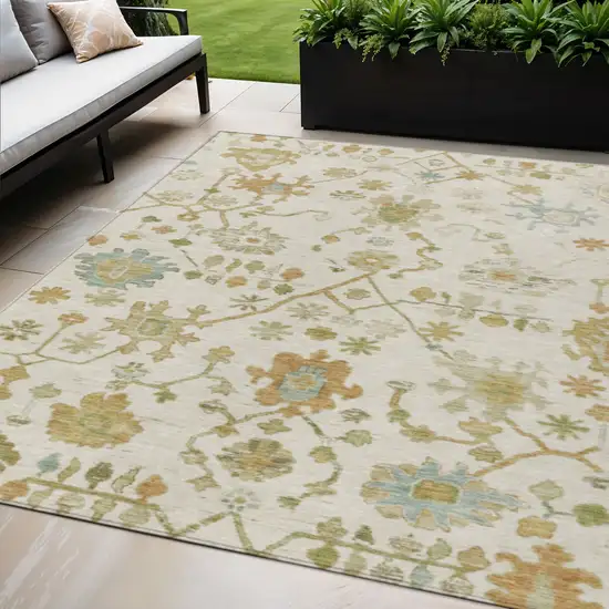 Ivory And Gold Floral Washable Indoor Outdoor Area Rug Photo 2