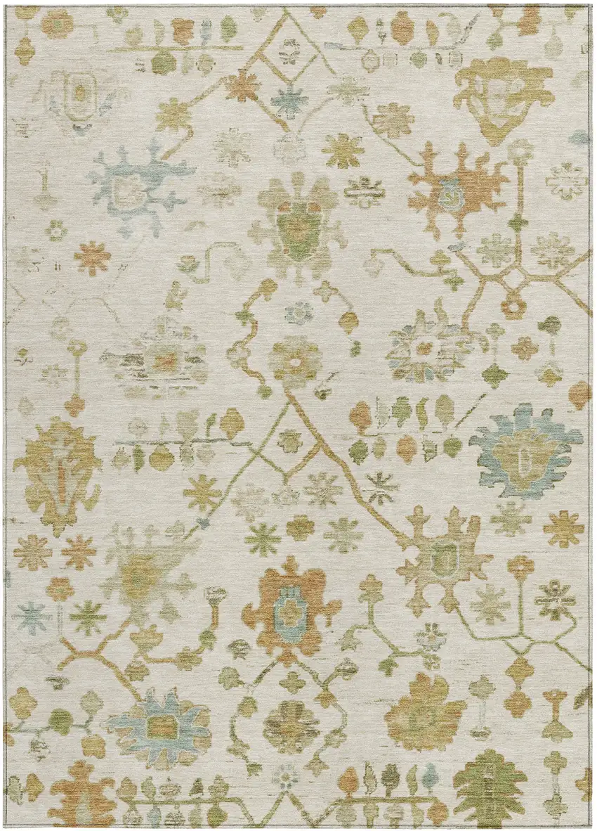 Ivory And Gold Floral Washable Indoor Outdoor Area Rug Photo 3