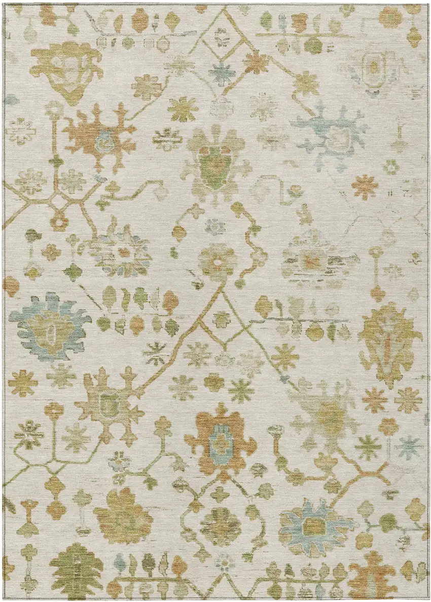 Ivory And Gold Floral Washable Indoor Outdoor Area Rug Photo 1